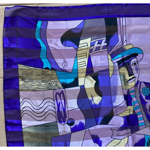 Vintage Cubism Cubist Purple Art Scarf Picasso? Face Print Abstract 40" Square - Picture 5 of 9